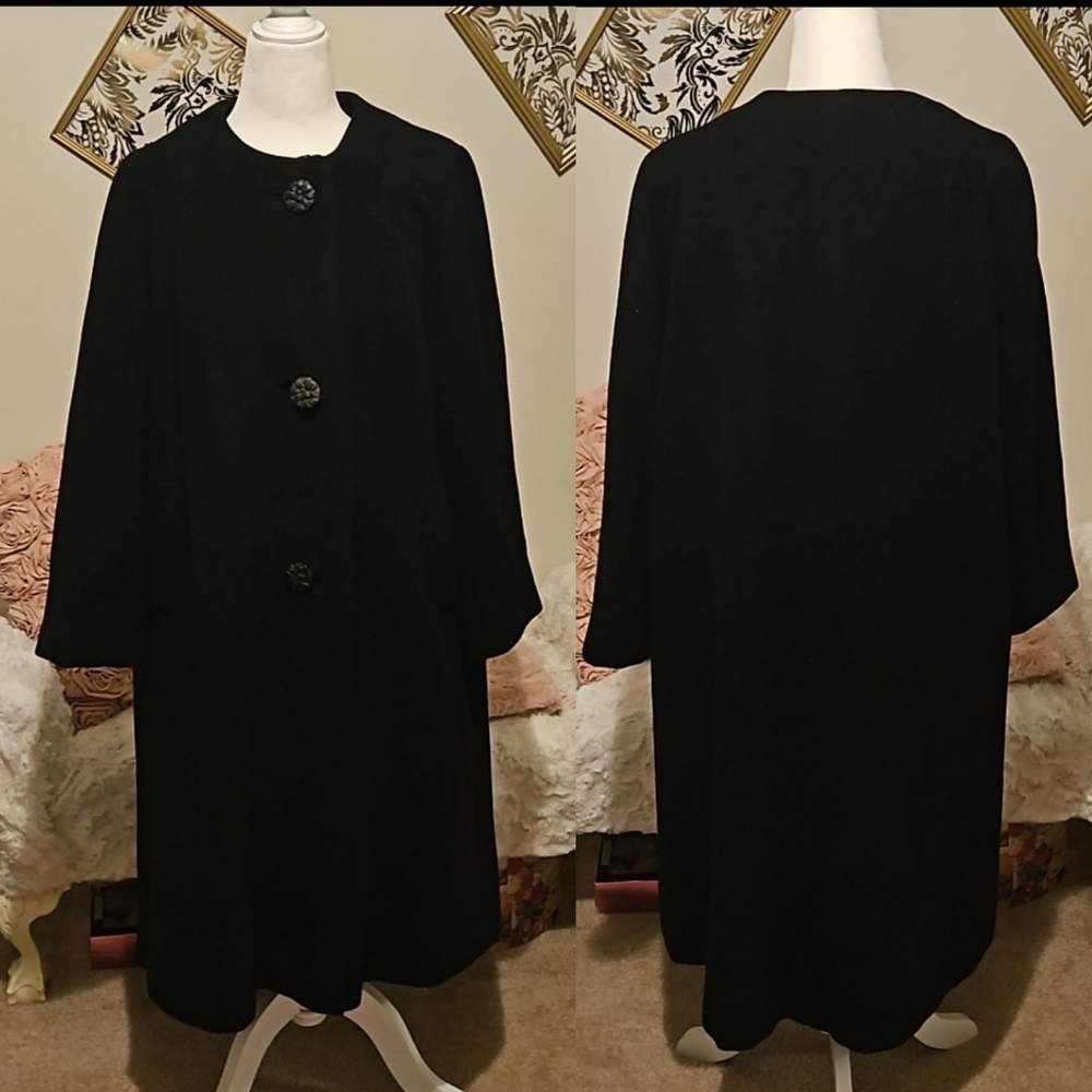 Vintage Printzess silk liked wool black long swing coat